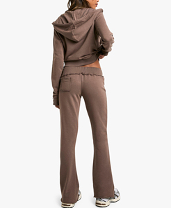 Ensemble de survêtement deux pièces personnalisé pour femme, en molleton 100% coton, avec sweat à capuche zippé et pantalon de jogging, brodé, orné de strass et de dentelle, effet vieilli, couleur unie, pour l'hiver - Product Image 5
