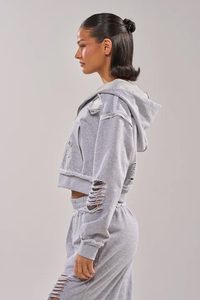 Conjunto de Sudadera con Capucha y Cremallera Gris Oversize, Pantalones de Pierna Ancha con Diseño de Corte, Ropa Unisex para Otoño, 100% Algodón Transpirable y Ecológico - Product Image 4