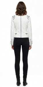 Veste de motard en simili cuir blanc pour femme, fermeture éclair, col rabattable, rivets cloutés, manteau en PU - Product Image 3