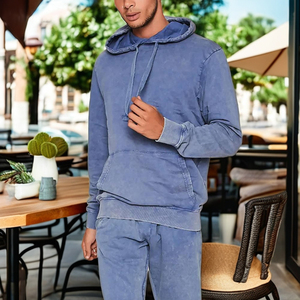 <b>Men</b> Winter Blue Acid Wash Pullover Hoodie Kangaroo Pocket Drawstring Hood Ribbed Cuffs Casual <b>Sweatshirt</b> 100% Cotton Fleece - Product Image 1