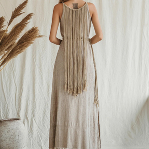 Vestido Maxi Bohemio Beige para Mujer, Vestido de Verano para Festival, Vestido Largo de Algodón Crudo con Flecos y Macramé Estilo Western - Product Image 2