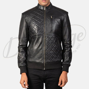 Men Black Genuine <b>Leather</b> Bomber <b>Jacket</b> with Diamond Quilted Front Panels Standing Collar and Ribbed Trim Slim Fit Coat - Product Image 2