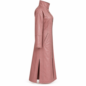 Abrigo de cuero rosa con cuello alto para mujer, chaqueta larga tipo trench con abertura lateral, servicio de fabricante OEM/ODM personalizado - Product Image 3