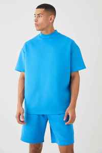 Ensemble T-shirt et short pour homme, bleu uni, col montant, style décontracté, respirant, tricoté, pour l'été, OEM ODM, logo personnalisé - Product Image 5