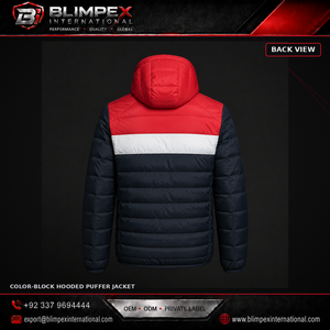 Veste matelassée à capuche color-block personnalisée BLIMPEX pour homme, coupe-vent d'hiver, épaisse, en polyester, décontractée, avec fermeture éclair sur le devant et logo - Product Image 2