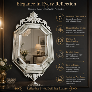 Miroir octogonal vénitien de luxe avec couronne en forme de couronne royale et panneaux en verre biseauté |   Miroir mural décoratif antique à motifs floraux gravés - Product Image 6