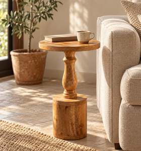 Table d'appoint de luxe en bois massif, base en bloc de balustre tourné, table à boisson artisanale en bois massif pour petit salon - Product Image 5
