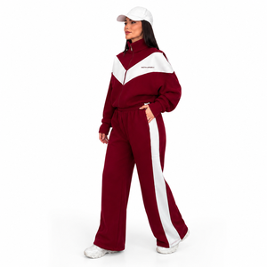<b>Women's</b> Maroon <b>White</b> Color Block Printed 2-in-1 Tracksuit Set Full Sleeve Turtleneck Zipper Sporty Loose Fit <b>Joggers</b> Front Side - Product Image 5