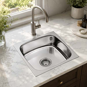 Évier de cuisine carré en acier inoxydable 304 poli, cuve simple, à poser sur comptoir, pour cuisine moderne - Product Image 2
