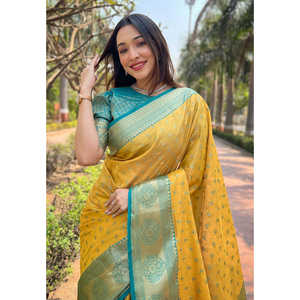 Sari en soie jaune du Gujarat, tissé traditionnellement avec des broderies Zari, élégant, réversible, séchage rapide, pour les occasions spéciales, par Elite Weaves, 0,65 g - Product Image 2