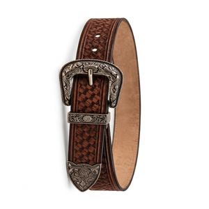 Ceinture en cuir de vache pleine fleur brésilien, gravée à la main avec motifs floraux western, et boucle à ardillon unique en laiton antique de designer. - Product Image 2