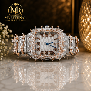 Montre de luxe MB ETERNAL pour femme, diamantée, rectangulaire, analogique, chiffres romains, mouvement à quartz, boîtier en or blanc, 38 mm - Product Image 1