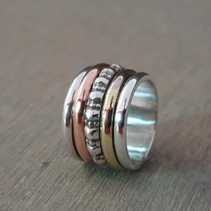 Three Tone <b>Spinner</b> Band <b>Ring</b> 925 Sterling <b>Silver</b> Handmade Anxiety Relief Jewelry - Product Image 1