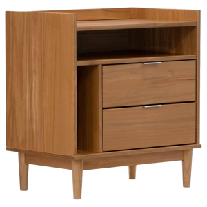 Mesa de Noche Asimétrica de Teca Estilo Mid-Century con 2 Cajones, Estante Abierto y Nicho para Libros - Product Image 1