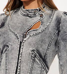 Washed <b>Denim</b> Breathable Winter Logo Moto <b>Jacket</b> Covered Button Closure Turtleneck Full Sleeve Regular Length Women's <b>Cropped</b> - Product Image 6