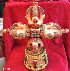 Double Dorjee fait main du Népal, cadeau religieux, tour de Bouddha et de déesse en cristal poli, décoration Feng Shui pour la maison, gravé et plaqué or - Product Image 1