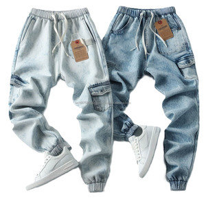 Joggers de mezclilla azul índigo Colores Premium Dobladillo acanalado elástico Utilidad transpirable Activewear Jeans Técnica lavada de invierno - Product Image 3