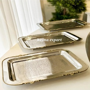High Quality Stainless Steel Metal Leaf Design Engraved Traditional Decorative Polished Tray <b>Microwave</b> Safe Ramadan Wedding - Product Image 3