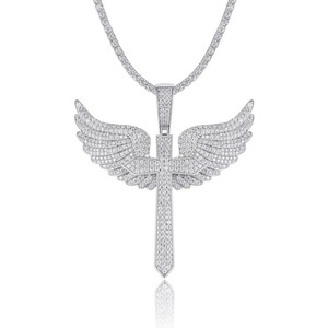 <b>Angel</b> <b>Wing</b> Cross Pendant Moissanite + 925 Silver Alloy Charm Crystal Rhinestone Religious Unisex Fashion <b>Jewelry</b> Gift - Product Image 1