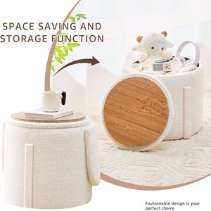 Modern Foldable Vanity <b>Stool</b> with Teddy Velvet Footrest Extra Seating & Small Side Table Extra Comfortable Ottoman <b>Storage</b> - Product Image 3