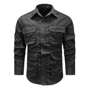 Camisa de Trabajo de Algodón para Hombre, Negra, Manga Larga, Transpirable, con Bolsillos en el Pecho, Estilo Moderno - Product Image 1