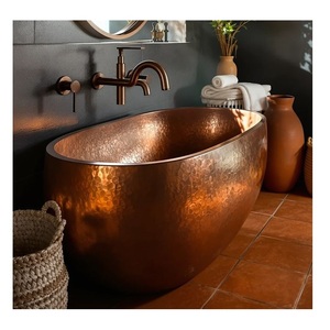 Double <b>Wall</b> Hammered Copper Antique Freestanding Bathtub Luxury Oval Soaking Tub with Handcrafted Design Lid Eco-Friendly. - Product Image 1