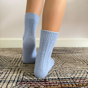 Wholesale Light Blue Ribbed Crew <b>Socks</b> 100% Mongolian Sheep Wool Knitted <b>Winter</b> Warm <b>Thick</b> Vertical Stripe <b>Socks</b> for Women - Product Image 4