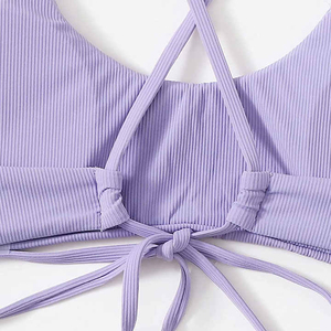 Conjunto de bikini acanalado morado para mujer, top halter cruzado, braguita hipster, traje de baño de punto elástico, ajuste regular - Product Image 5