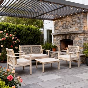 Conjunto de Muebles de Patio de 4 Piezas en Madera de Acacia con Cojines, Diseño Tejido con Cuerda, Muebles de Exterior Naturales - Product Image 2