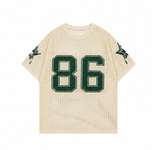 เสื้อยืดโอเวอร์ไซส์ถักสีเขียวพร้อมหมายเลข 86 และลายดาวแขนสั้นคอกลมระบายอากาศได้สไตล์สตรีทเสื้อผู้ชาย - Product Image 3