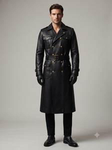 <b>Men</b> Genuine Leather <b>Long</b> Trench <b>Coat</b> Notched Lapel Double Breasted With Belt And Pockets Regular Fit - Product Image 4