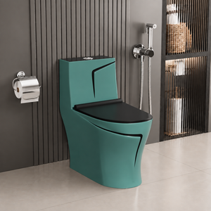 WC monobloc moderne bleu sarcelle, à poser au sol, allongé, à double chasse Tornado, sans bride, en céramique, avec siphon en S ou en P, écologique, à fermeture douce - Product Image 1