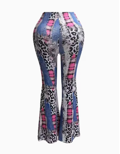 High Waist Flare Pants Women Patchwork Print Full Length <b>Elastic</b> Waist Bohemian Summer Style Skinny Fit Breathable Casual Pants - Product Image 2