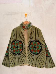 Bohemian Khaki <b>Velvet</b> Embroidered Suzani Jacket with Floral Pattern Full Sleeve Stand Collar Handmade <b>Women's</b> Autumn <b>Coat</b> - Product Image 2