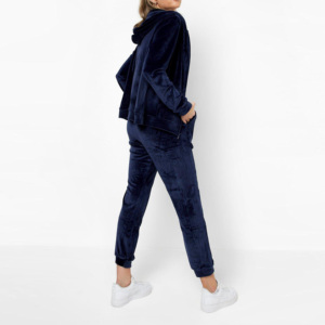 Women <b>Navy</b> Velvet 2 1 Eco-Friendly Tracksuit Set Hooded Full Length Pants Drawstring Side Pockets Floral Embroidery Casual Wear - Product Image 4