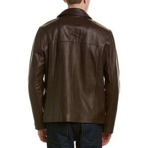 Veste en cuir véritable pour homme, marron, col rabattu, fermeture éclair, style décontracté, coupe classique, couleur unie, pour l'automne - Product Image 3