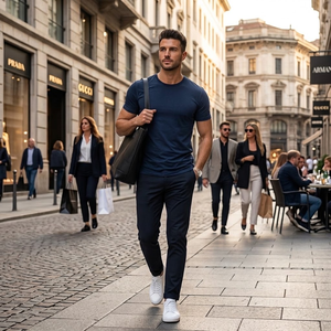 <b>Men's</b> <b>Navy</b> <b>Blue</b> Short Sleeve Crew Neck Solid Regular Fit Quick Dry Breathable Casual Sports T-<b>Shirt</b> - Product Image 2