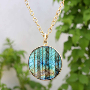Labradorite Bezel <b>Necklace</b> Natural Gemstone Gold Silver Plated Round Pendant | Multi Flash Handmade Jewelry Wholesale India Bulk - Product Image 2
