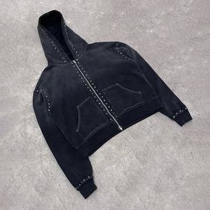 Custom Sweat Stack Pant <b>Track</b> <b>Suits</b> Wash Tracksuit Rhinestone Zip up Hoodie and Flare Sweatpants Sweatsuit Set for Men - Product Image 3