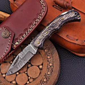 Couteau pliant Short Sign Forge en acier Damas de qualité industrielle, manche en bois Pakka noir, étui, couteau de chasse EDC de poche - Product Image 1