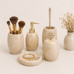 Ensemble d'accessoires de salle de bain en marbre, fait main, en pierre naturelle, organiseur de vanité avec distributeur de savon, porte-brosse à dents et plateau rond - Product Image 4