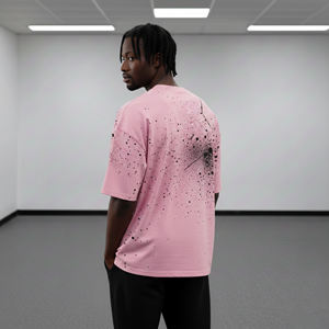New Article Pink Oversized Short Sleeve T-<b>Shirt</b> With Black Splatter Print Front <b>Flame</b> Logo Street Style O-Neck Men's Cotton - Product Image 3