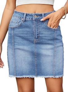 High Waisted Denim Mini <b>Skirt</b> Solid Color Distressed Pockets Casual Women's Pencil Fit Regular Size Spring Style - Product Image 3