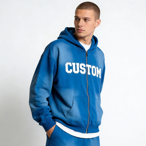 เสื้อฮู้ดดี้ผู้ชายสีน้ำเงินเทรนดี้ ลายมัดย้อม ซิปยาว ทรงโอเวอร์ไซส์ พิมพ์ลายตัวอักษร สวมใส่สบาย สไตล์ลำลอง สตรีทแวร์ - Product Image 5