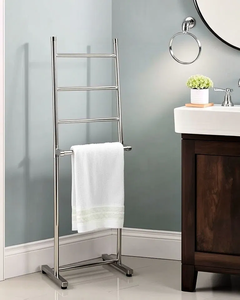 Toallero de pie de doble nivel con acabado dorado, organizador de almacenamiento para baño, diseño metálico de estilo moderno, para ropa de sala de estar - Product Image 5