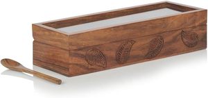 Wooden Spice <b>Box</b> | Hand Engraved Sheesham Wood Masala Dabba | Namak Daani with 3 Partitions & Spoon | Kitchen - Product Image 4