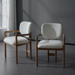 Set of 2 White Upholstered <b>Arm</b> <b>Dining</b> <b>Chairs</b> 300 LBS Weight Capacity Rubber Wood Accent <b>Chairs</b> Comfortable White Fabric Seating - Product Image 2