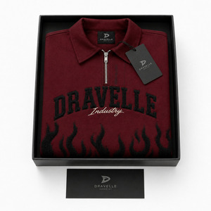 Men’s Oxblood Cropped Zip <b>Shirt</b>, Y2K Boxy Fit Tee with Black Chenille <b>Flames</b> & Silver Stud Cuffs - Product Image 5