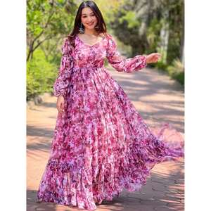 ชุดเดรสแม็กซี่ผ้าชีฟองลายดอกไม้สีชมพูสำหรับผู้หญิง คอวี แขนยาว ชุดเดรสสำหรับงานปาร์ตี้สุดหรู - Product Image 1