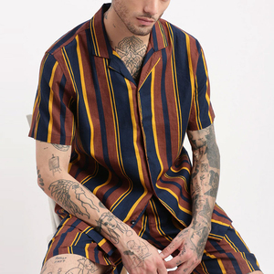 Men's Striped Cotton Short Sleeve Shirt And Shorts <b>Set</b> Turn-down Collar Casual Summer Wear Breathable Woven Fabric - Product Image 4